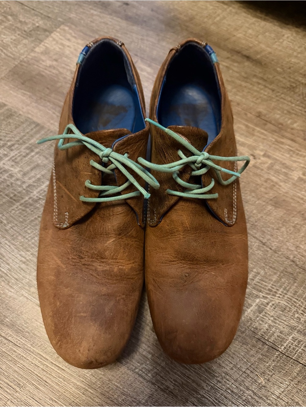 John Fluevog Women’s Size 10 Brown Leather Oxford Derby Shoes Turquoise Laces